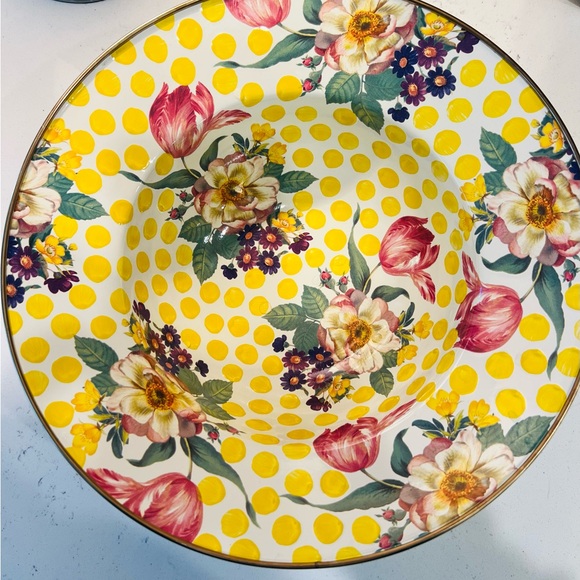 MacKenzie-Childs Other - Mackenzie Childs Large Serving Bowl Buttercup Yellow Dots Pink Floral Retired